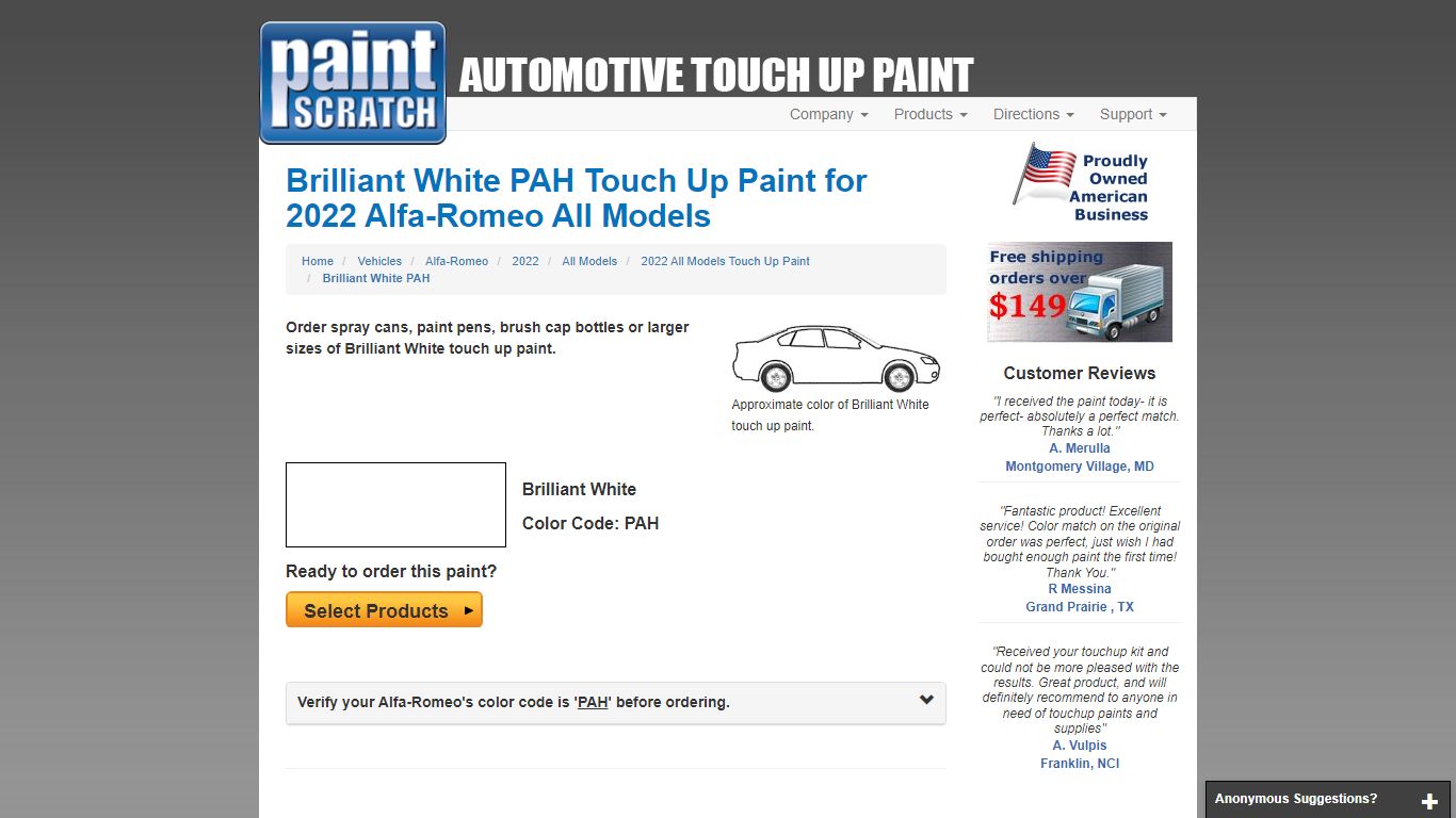 Brilliant White PAH Touch Up Paint for 2022 Alfa-Romeo All Models